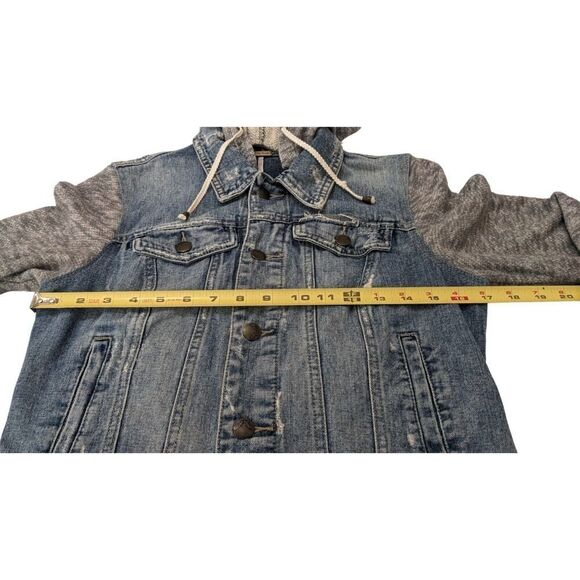 Free People Distressed Denim Jean Jacket Knit Sleeves Removable Hood Small - Picture 10 of 10